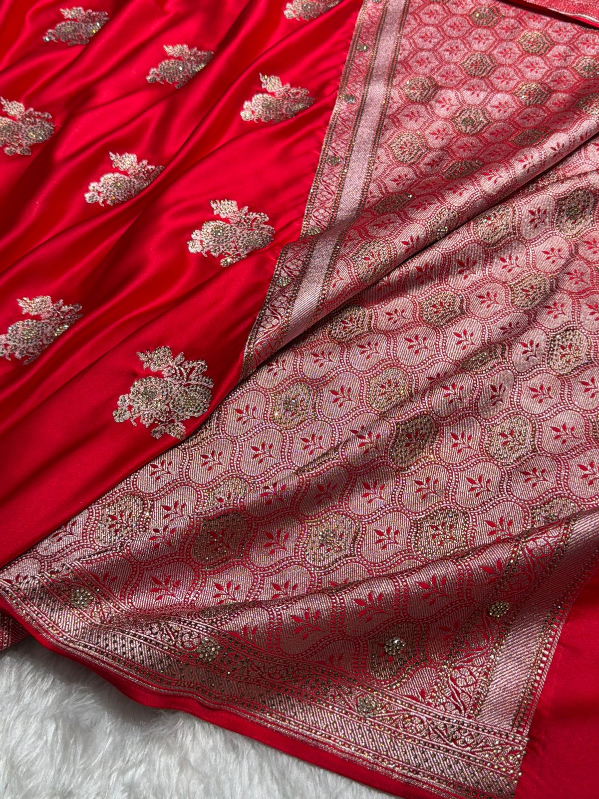 Bridal Red Mashru Silk Saree Banarasi Swarovski Work BMCS50