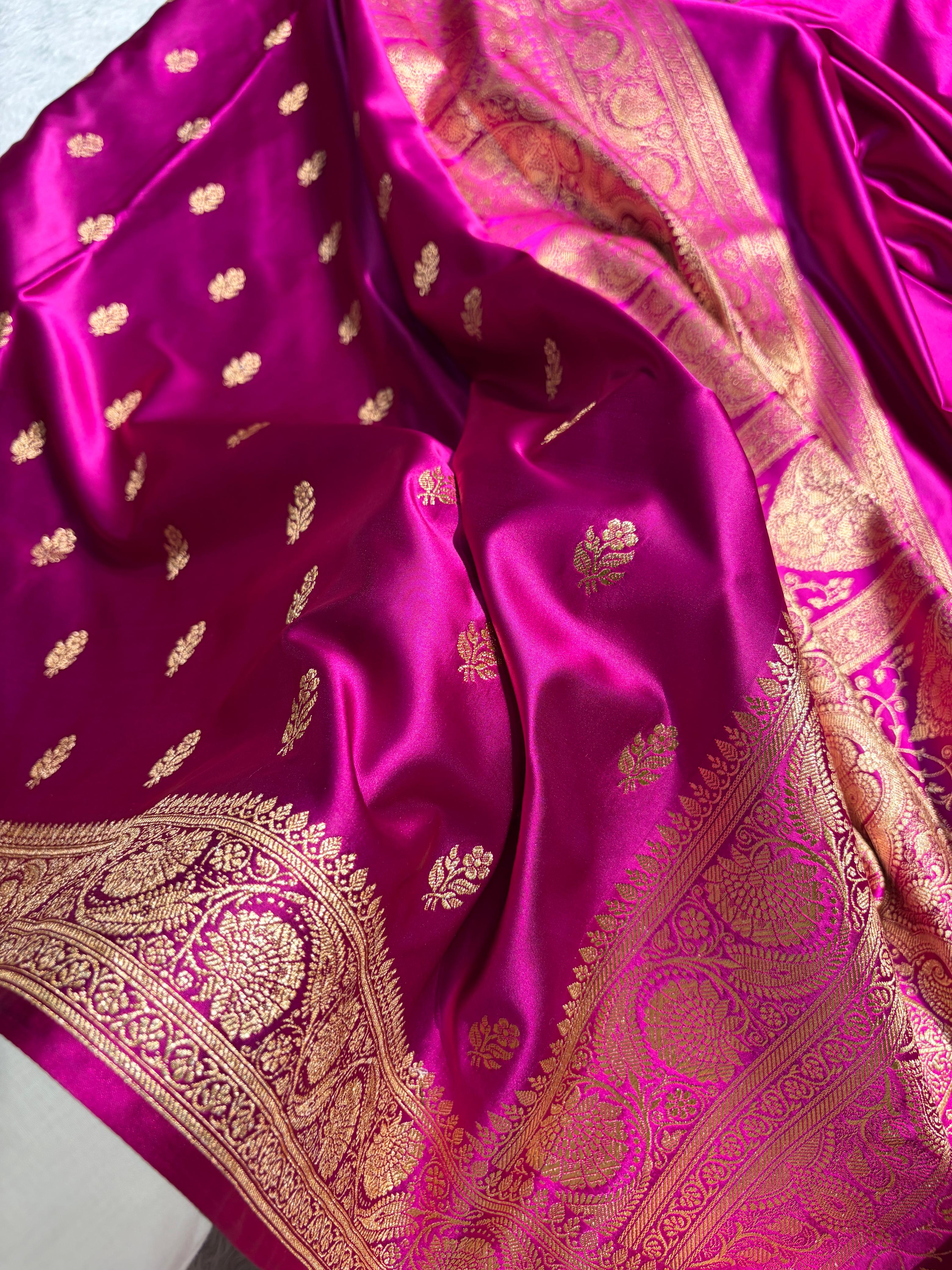 Banarasi Wine Floral Boota Pattern Satin Katan Silk Saree SK71