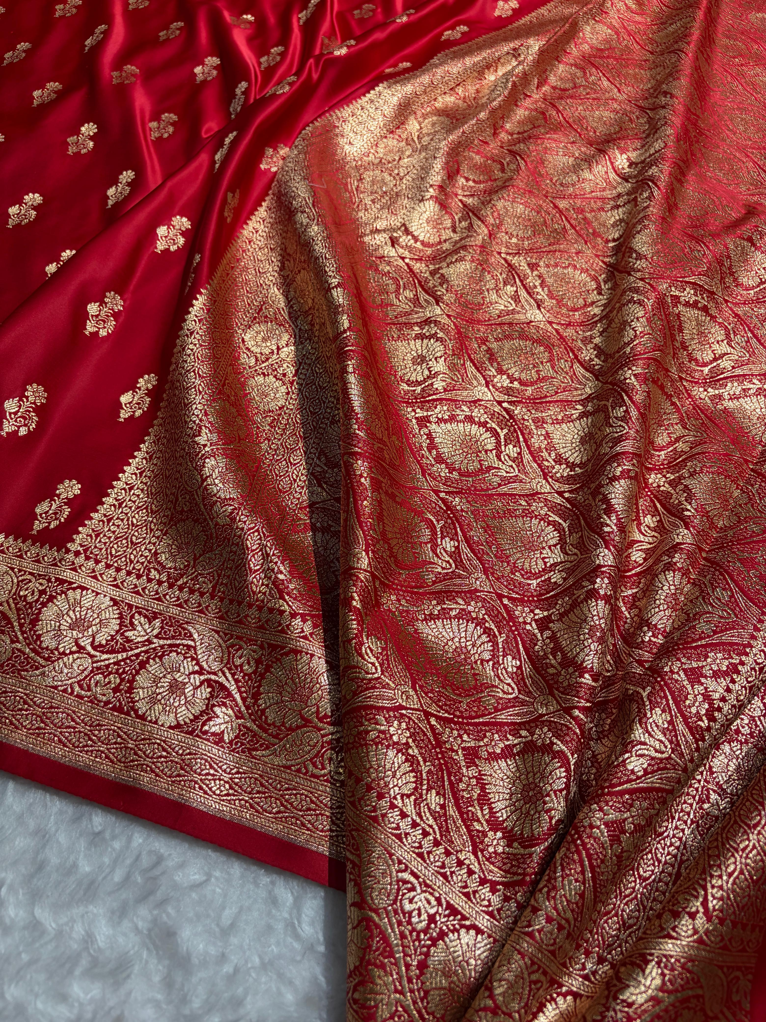 Red Unique Boota Pattern Satin Katan Silk Saree SK68