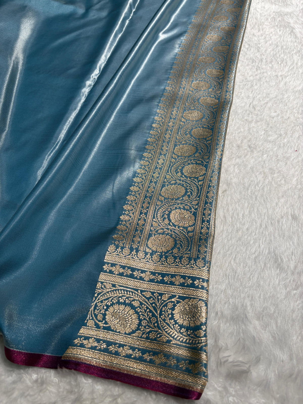 Banarasi Sky Blue Shades Cross Pattern Banarasi Satin Silk Saree SS52