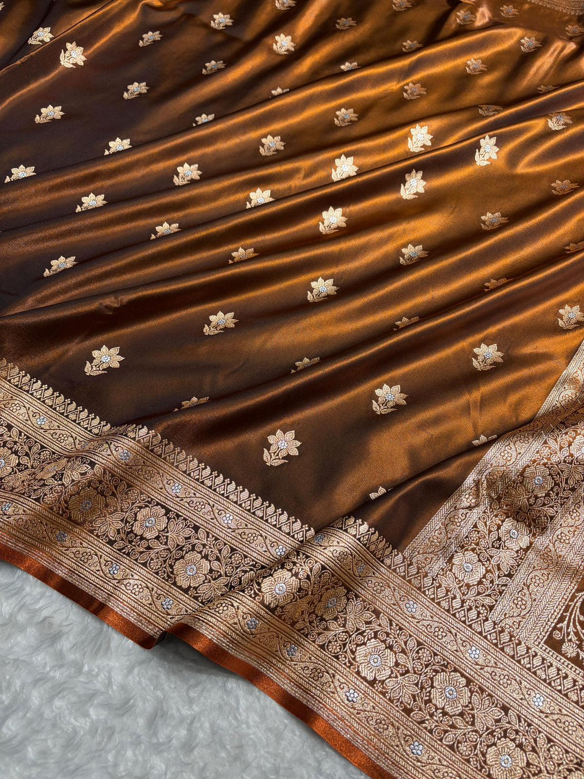 Rust Brown Shades Minakari Boota Pattern Banarasi Satin Silk Saree SS44