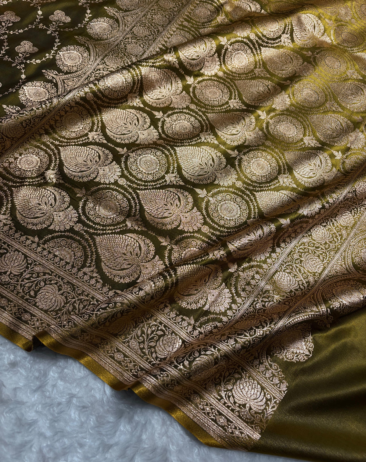 Banarasi Satin Silk Saree Jaal in Mehendi Green Shades SS23