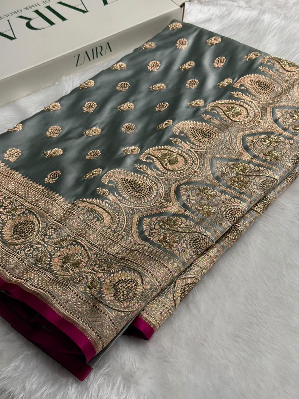 Banarasi Satin Katan Saree With Aari Zardozi Work Boota in Gray Shades BSK12