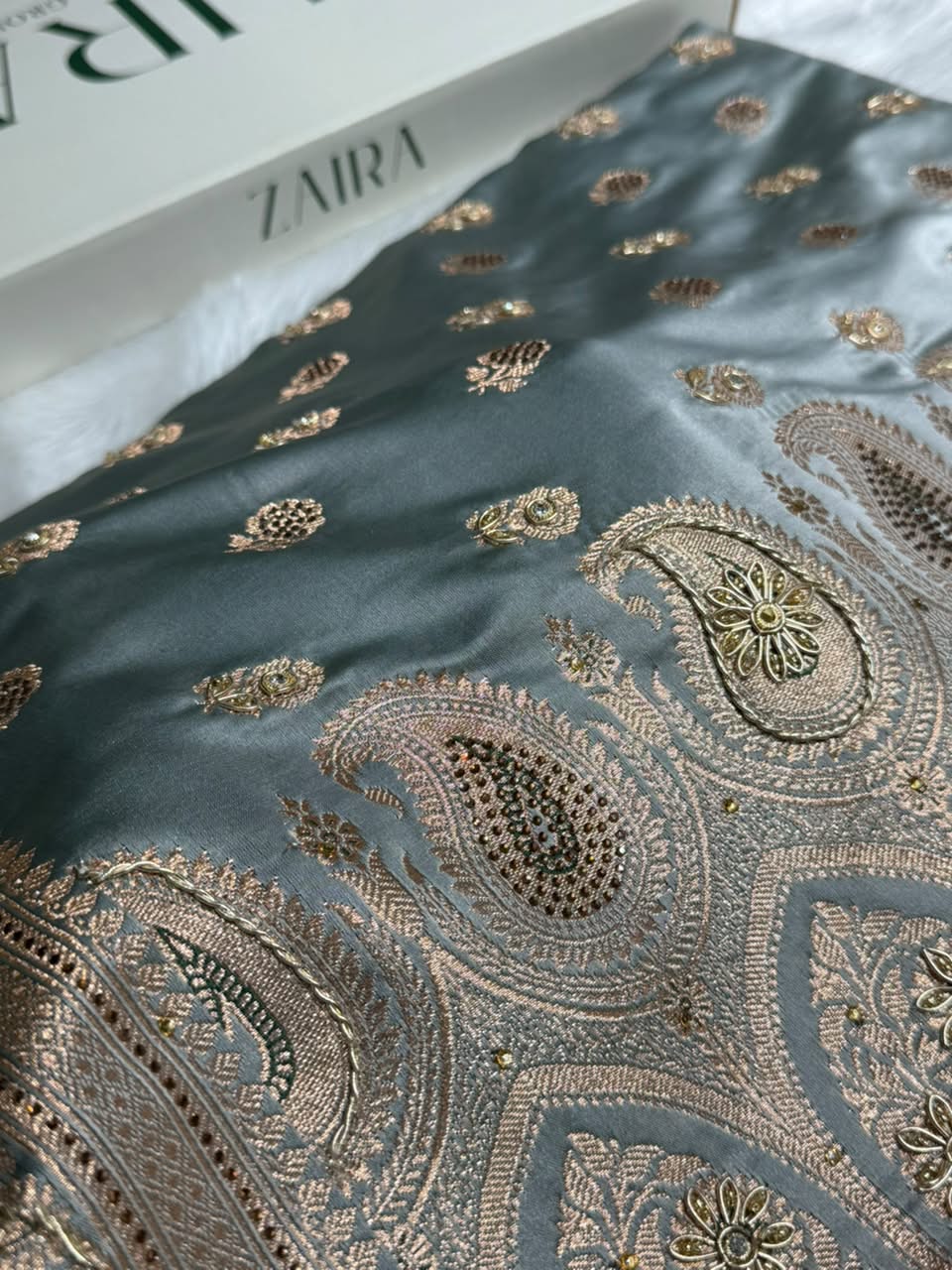 Banarasi Satin Katan Saree With Aari Zardozi Work Boota in Gray Shades BSK12