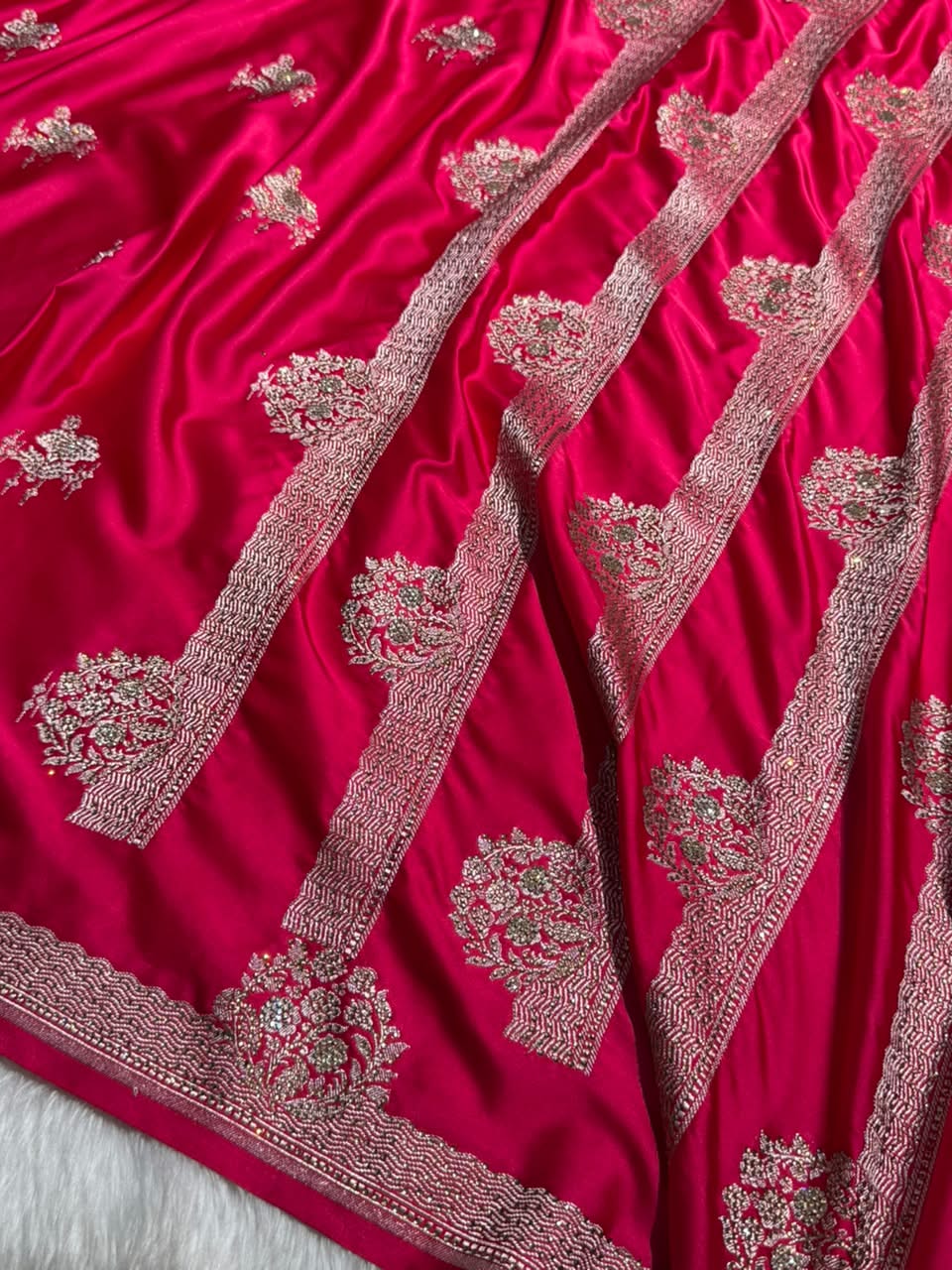 Rani Shades Plain Banarasi With Swarovski Work Floral Border Mashru Silk Saree BMCS87