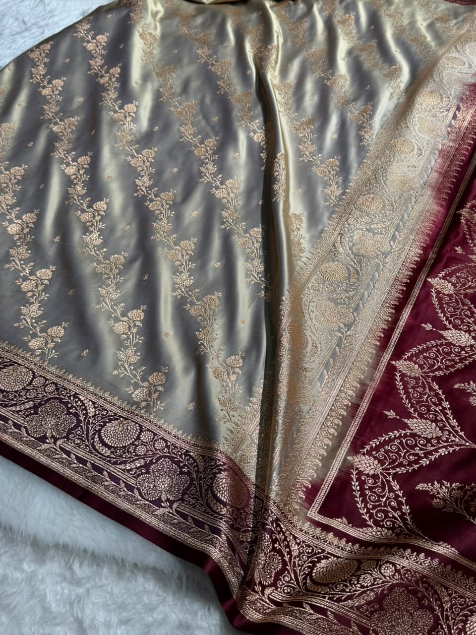 Grey \ Maroon Contrast Satin Katan Saree Floral Cross Pattern SK156
