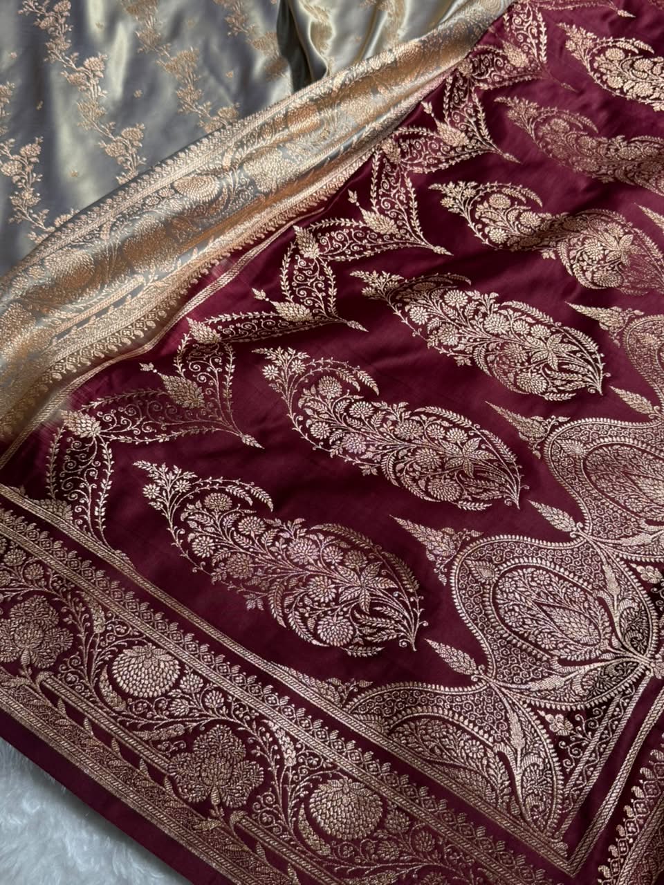 Grey \ Maroon Contrast Satin Katan Saree Floral Cross Pattern SK156