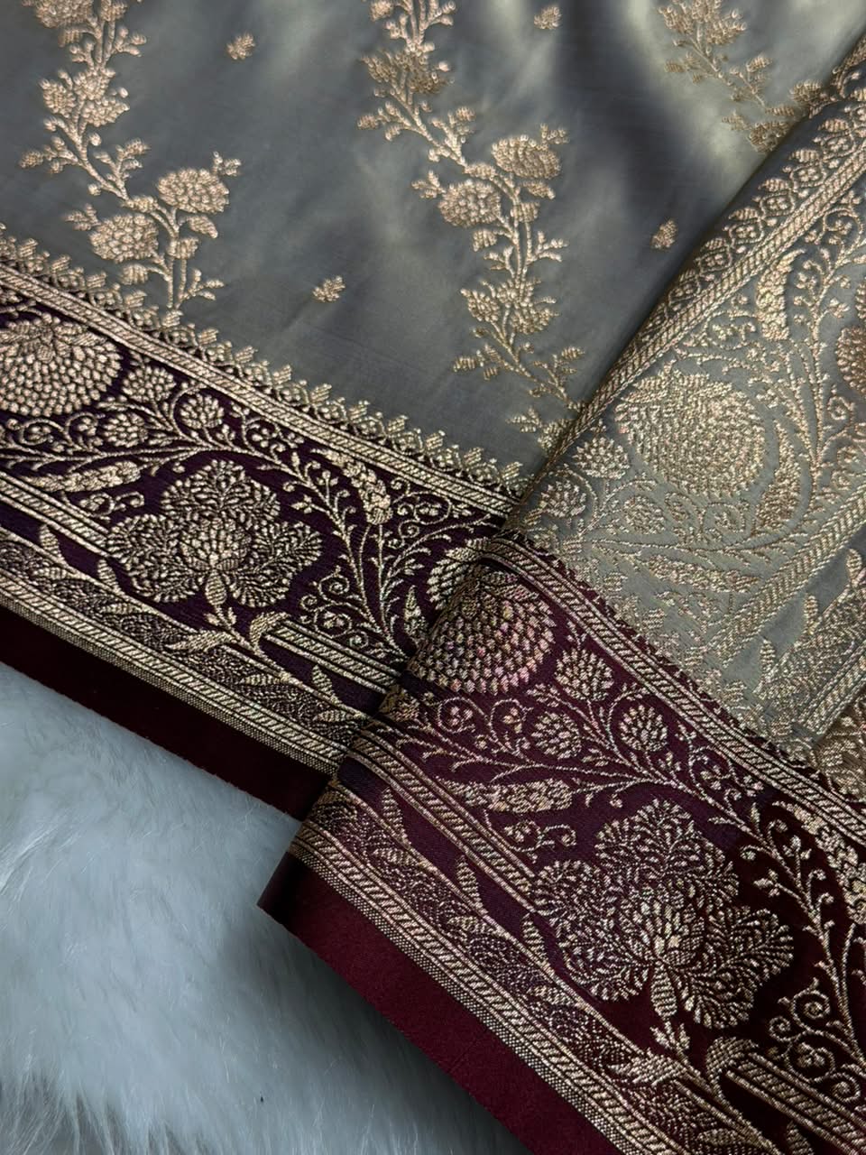 Grey \ Maroon Contrast Satin Katan Saree Floral Cross Pattern SK156