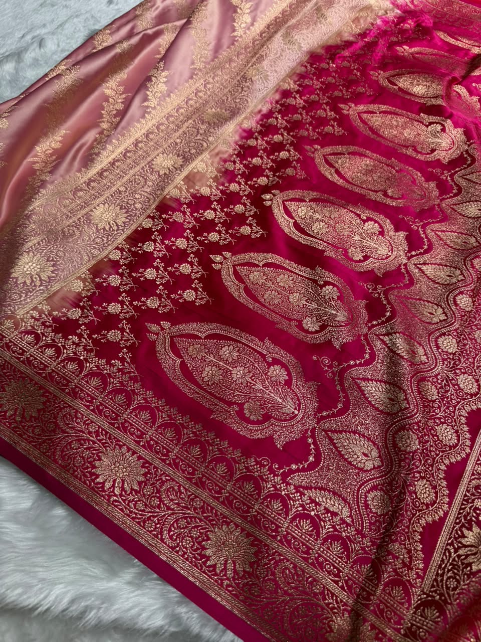 Peach \ Rani Pink Contrast Satin Katan Saree Floral Cross Pattern SK155