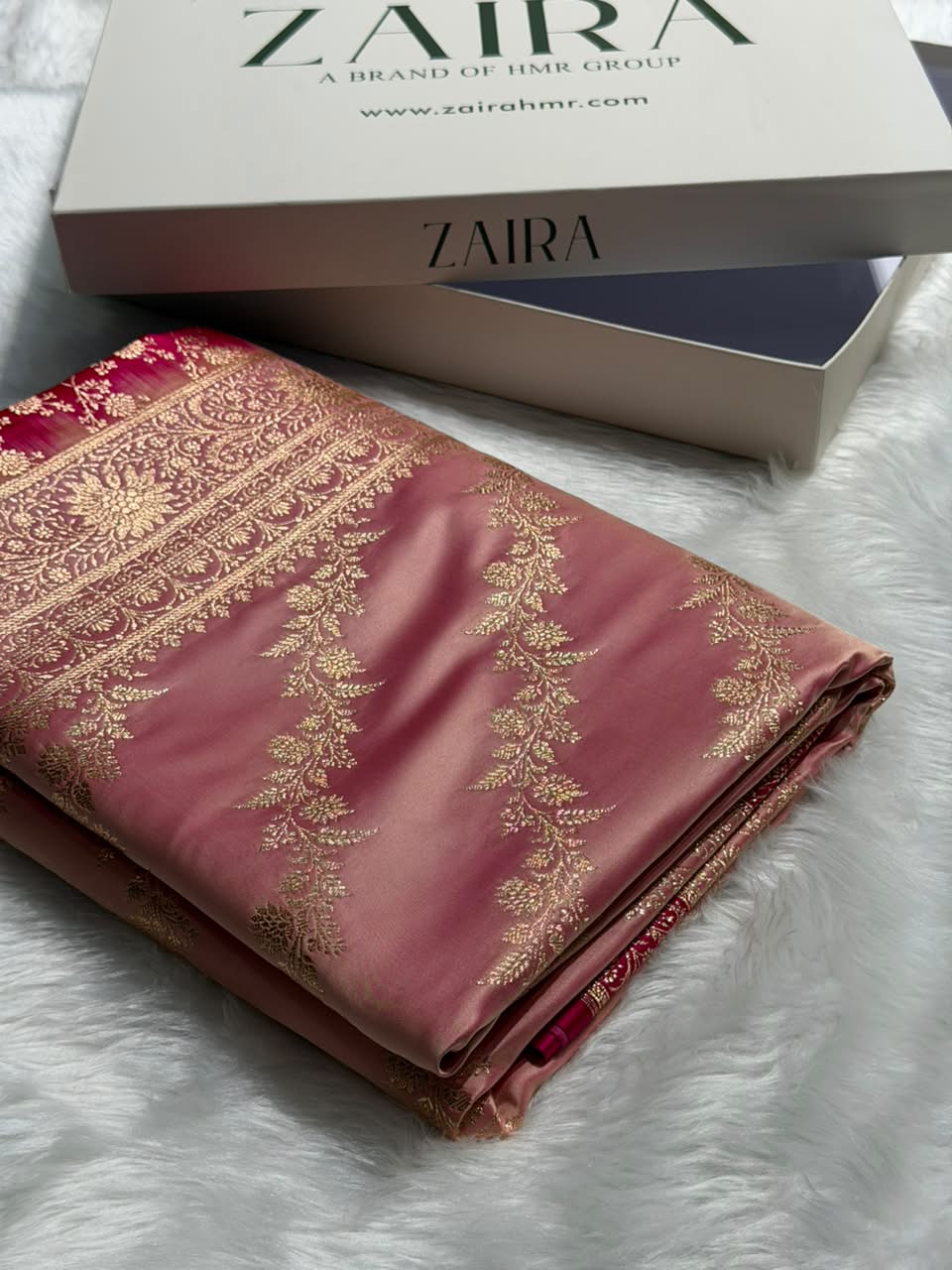 Peach \ Rani Pink Contrast Satin Katan Saree Floral Cross Pattern SK155