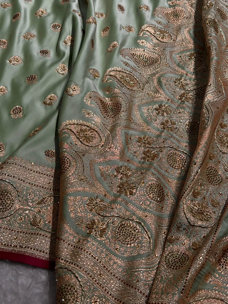 Banarasi Satin Katan Saree With Aari Zardozi Work Boota in Light Pista Shades BSK12