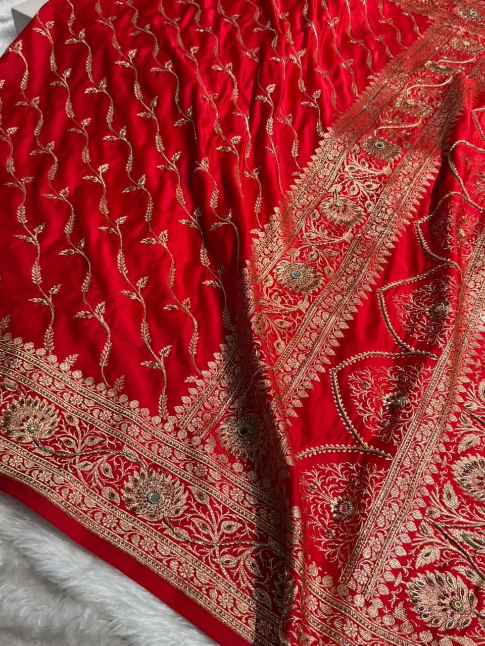 Banarasi Satin Katan Saree With Ari & Zardozi Work Cross Pattern in Bridal Red Shades BSK37