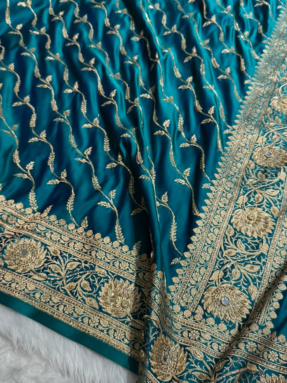 Banarasi Satin Katan Saree With Ari & Zardozi Work Cross Pattern in Bridal Peacock Green Shades BSK37