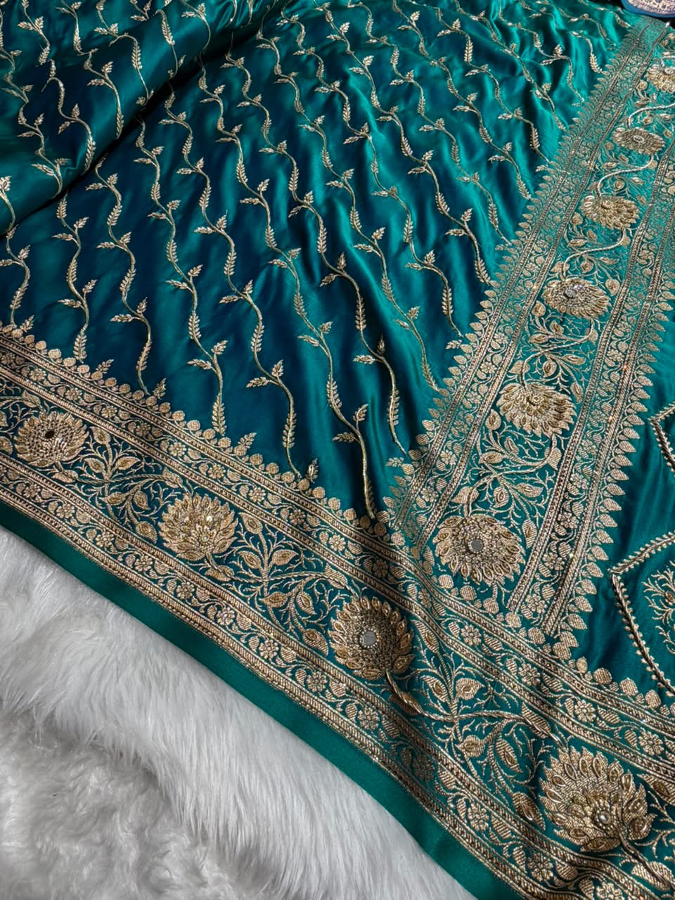 Banarasi Satin Katan Saree With Ari & Zardozi Work Cross Pattern in Bridal Peacock Green Shades BSK37