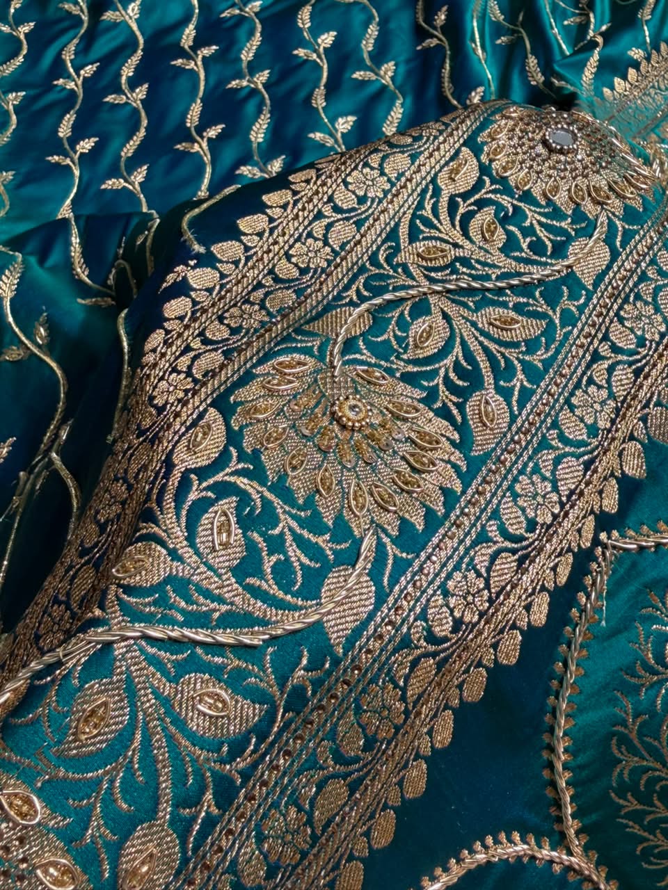 Banarasi Satin Katan Saree With Ari & Zardozi Work Cross Pattern in Bridal Peacock Green Shades BSK37