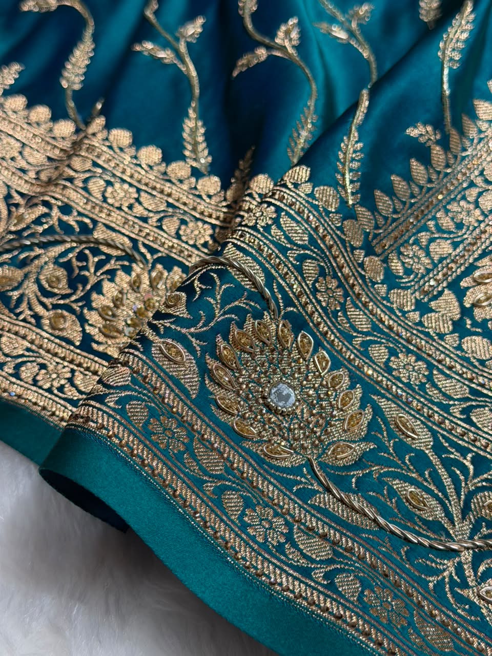Banarasi Satin Katan Saree With Ari & Zardozi Work Cross Pattern in Bridal Peacock Green Shades BSK37