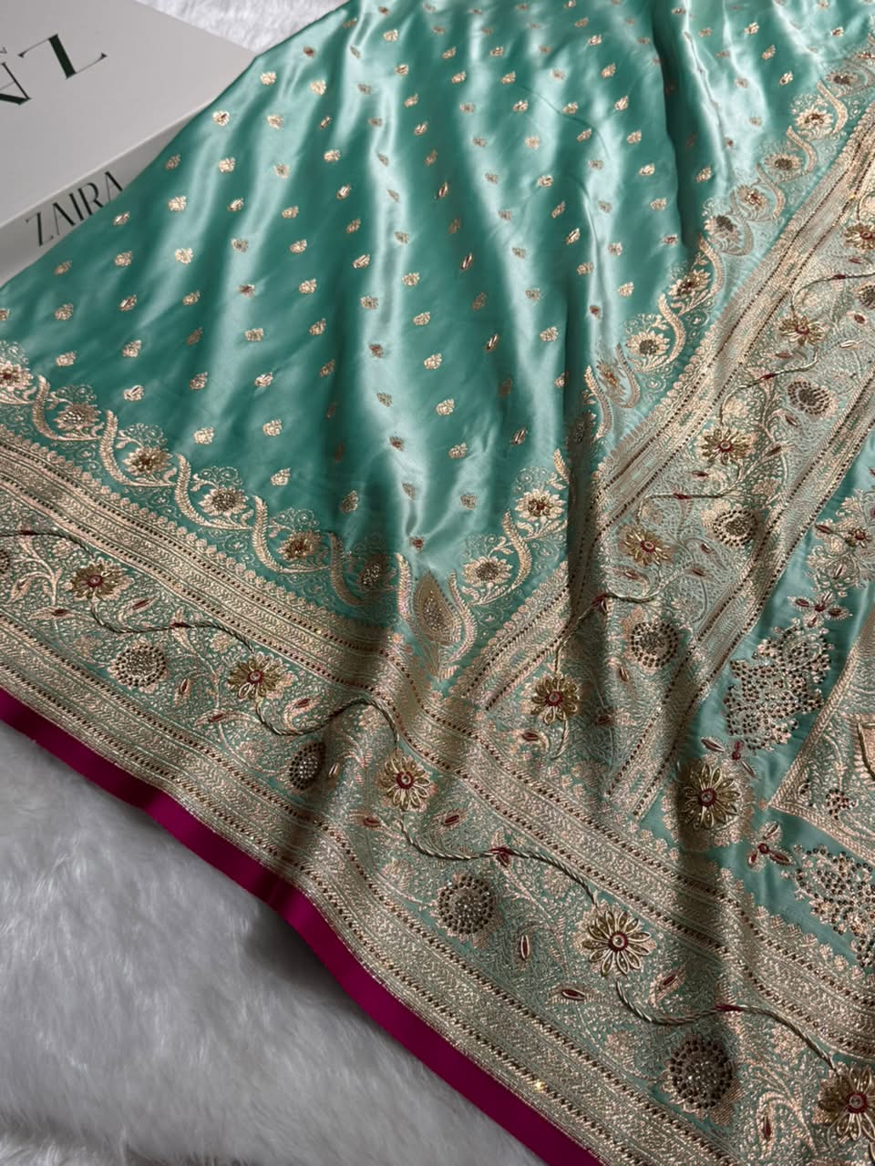 Banarasi Satin Katan Saree With Aari Zardozi Work Boota in Sky Blue Shades BSK12