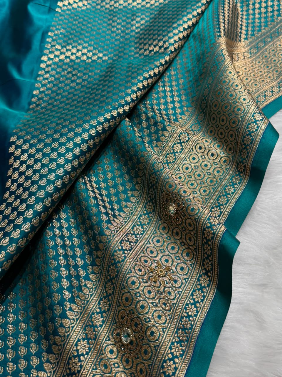Banarasi Satin Katan Saree With Ari & Zardozi Work Cross Pattern in Bridal Peacock Green Shades BSK37