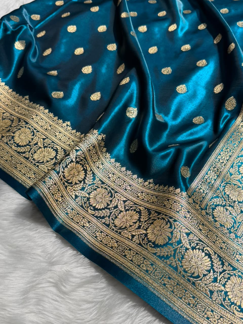 German Blue Shades Boota Pattern Banarasi Satin Silk Saree SS45