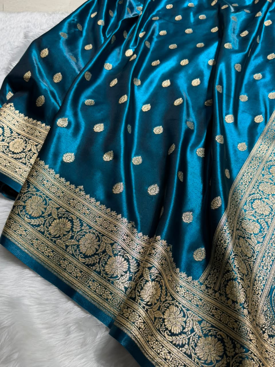 German Blue Shades Boota Pattern Banarasi Satin Silk Saree SS45