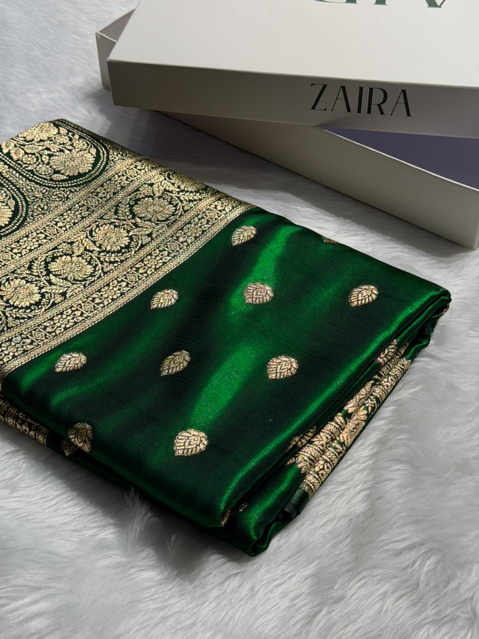 Bottle Green Shades Boota Pattern Banarasi Satin Silk Saree SS45