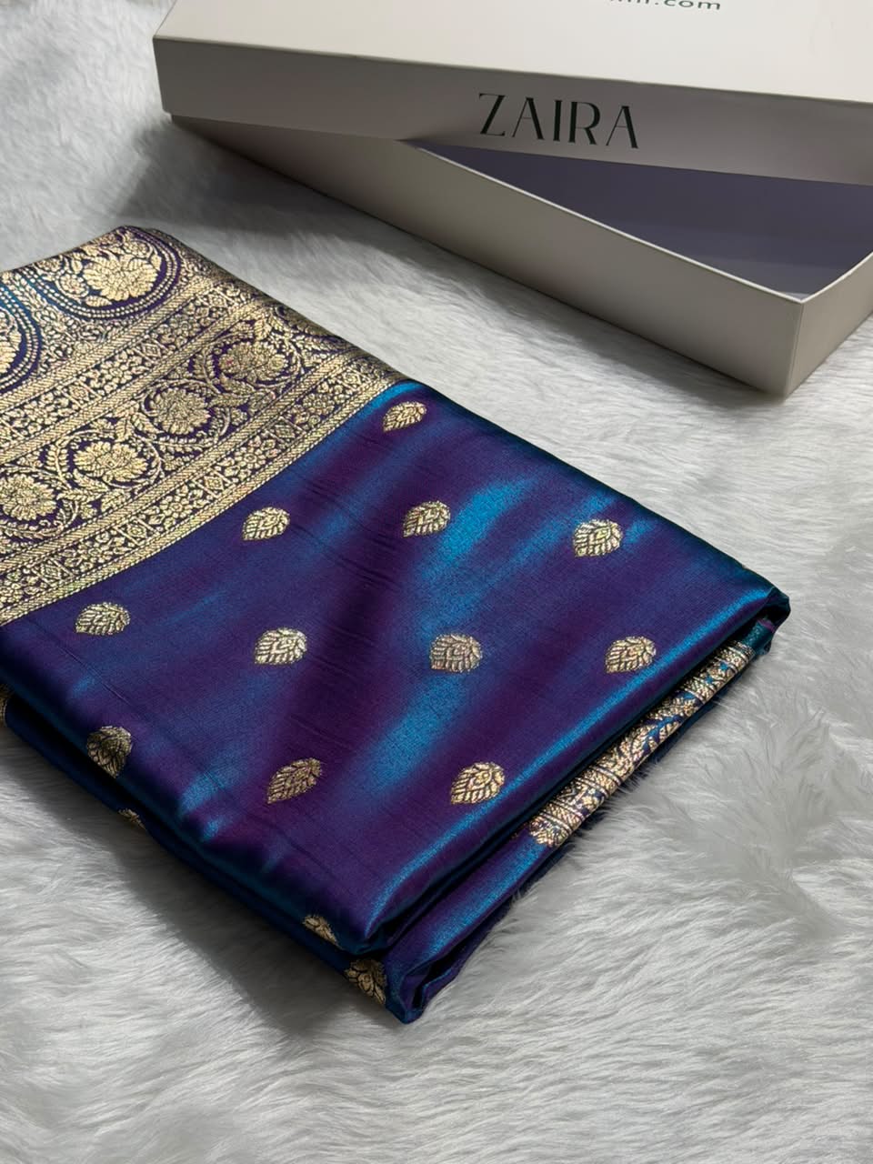 Cross Peacock Shades Boota Pattern Banarasi Satin Silk Saree SS45