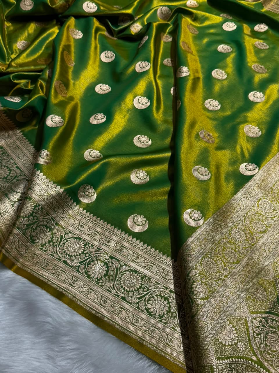 Parrot Green Chand Tara Satin Silk Saree SS04