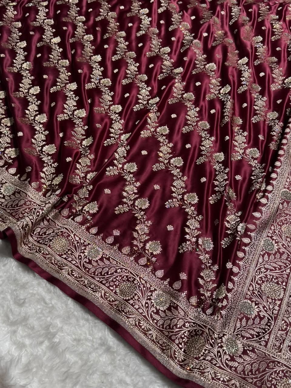 Deep Wine Cross & Booti Banarasi Ari & Zardozi Work Katan Silk Saree BSK24
