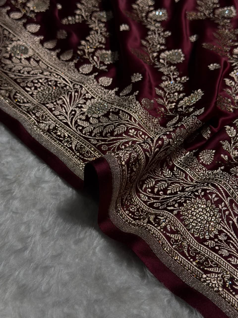 Deep Wine Cross & Booti Banarasi Ari & Zardozi Work Katan Silk Saree BSK24