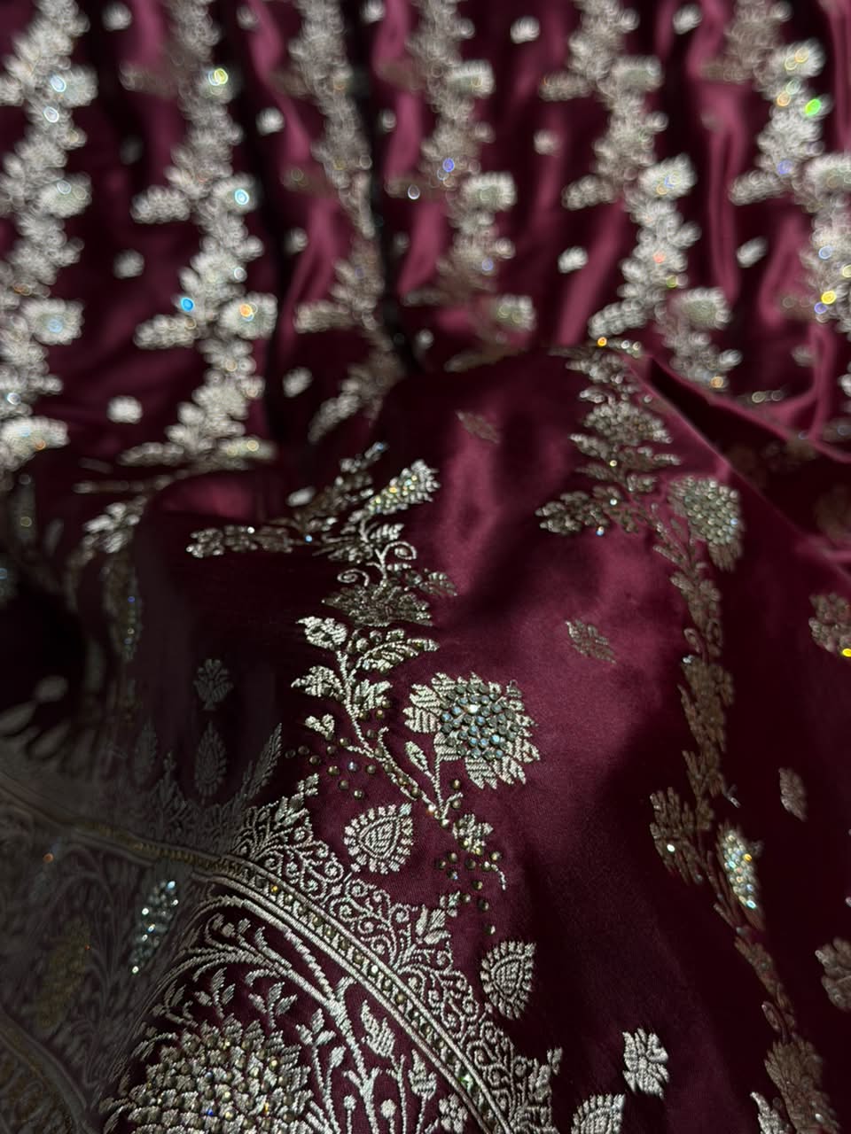 Deep Wine Cross & Booti Banarasi Ari & Zardozi Work Katan Silk Saree BSK24