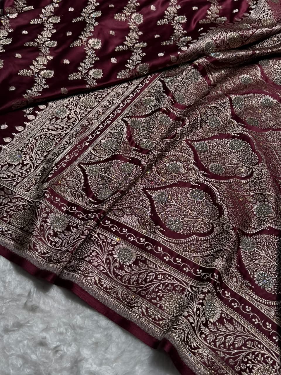 Deep Wine Cross & Booti Banarasi Ari & Zardozi Work Katan Silk Saree BSK24