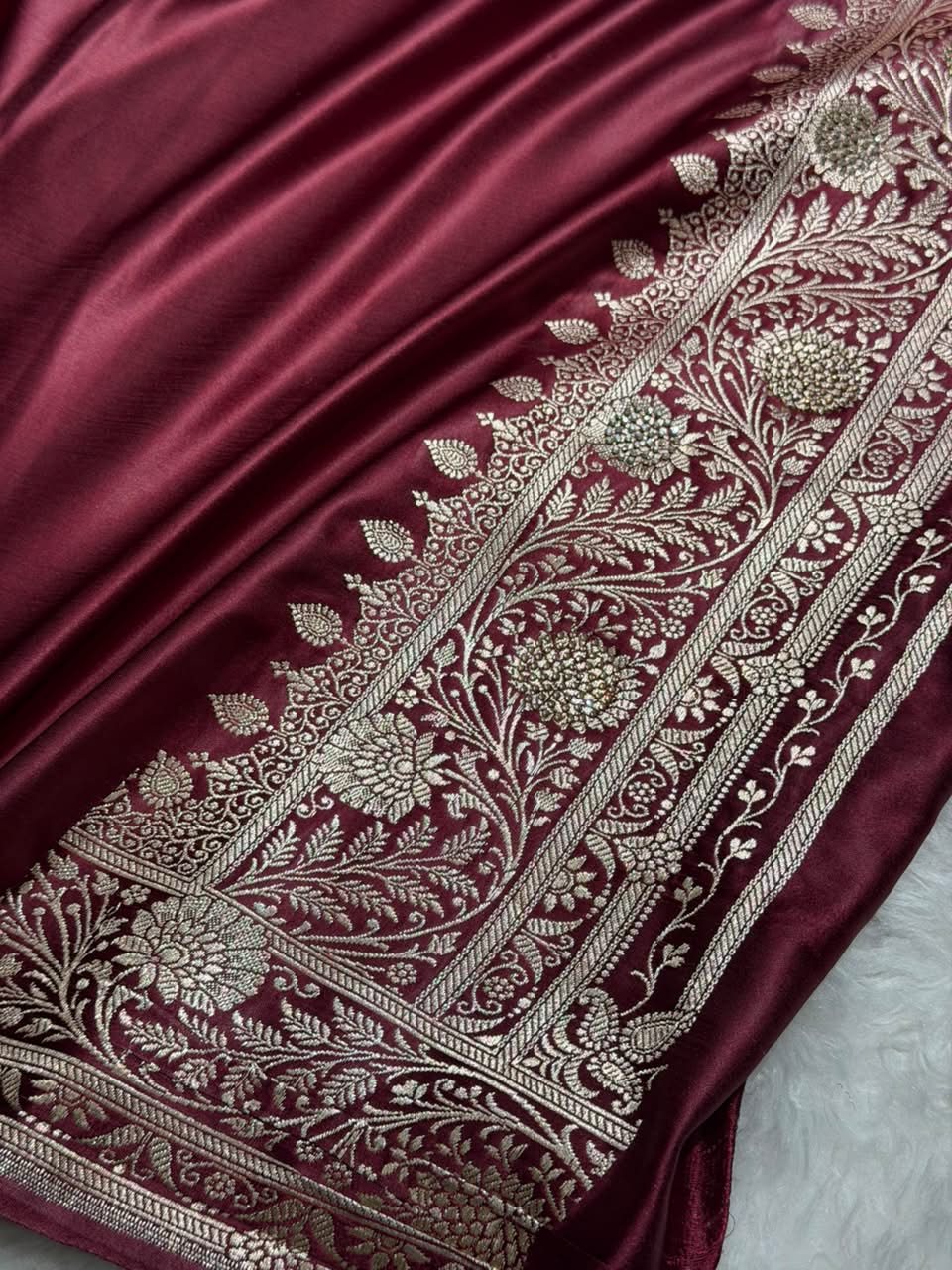 Deep Wine Cross & Booti Banarasi Ari & Zardozi Work Katan Silk Saree BSK24
