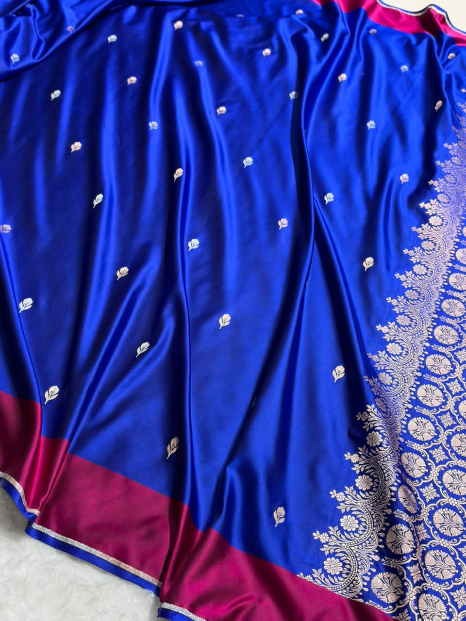 Royal Blue With Rani Shades Border Banarasi Booti Pattern Mashru Silk Saree MSM-141
