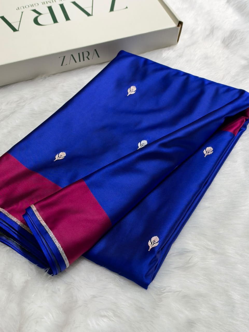 Royal Blue With Rani Shades Border Banarasi Booti Pattern Mashru Silk Saree MSM-141