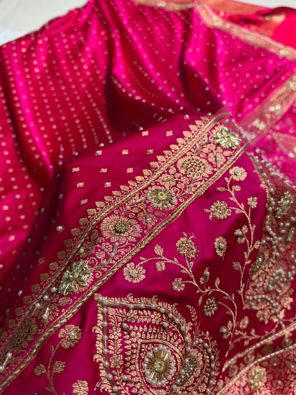 Banarasi Satin Katan Saree With Ari & Zardozi Work Boota in Rani Shades BSK112