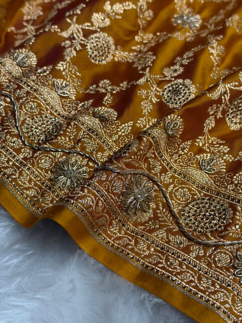 Mustard Yellow Shades Jaal Floral Pattern With Zardozi And Swarovski Stone Work Satin Katan Silk Saree BSK80