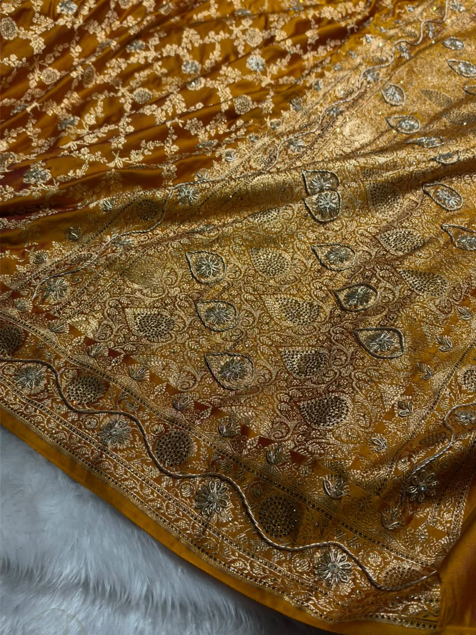 Mustard Yellow Shades Jaal Floral Pattern With Zardozi And Swarovski Stone Work Satin Katan Silk Saree BSK80