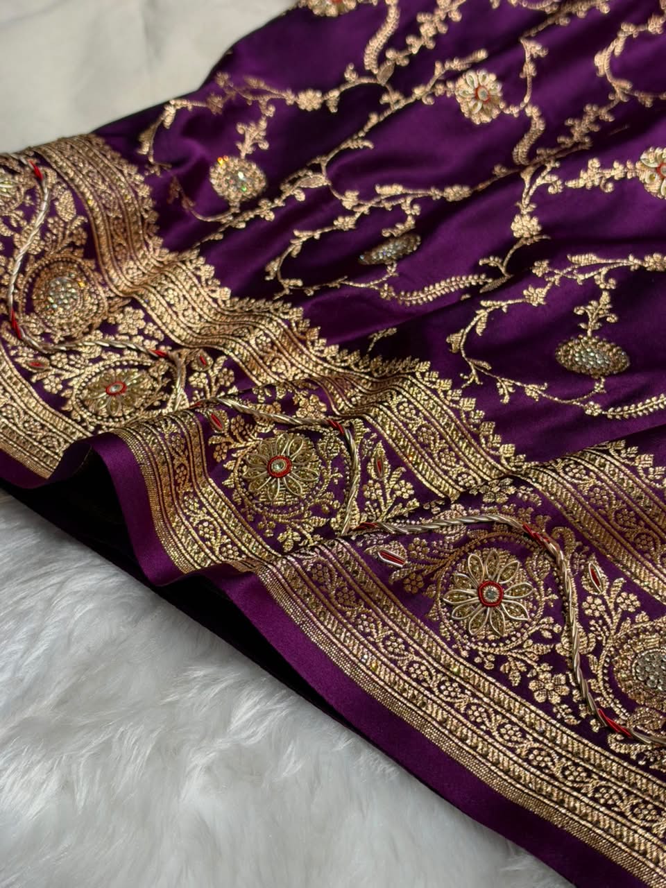 Banarasi Satin Katan Saree With Heavy Zardozi Work in Deep Purple Shades BSK113