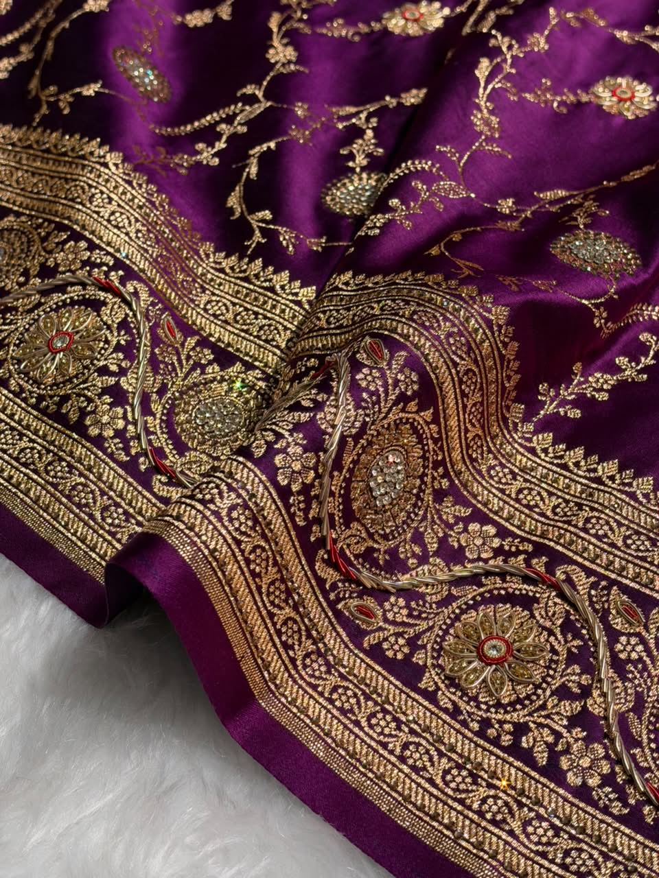 Banarasi Satin Katan Saree With Heavy Zardozi Work in Deep Purple Shades BSK113
