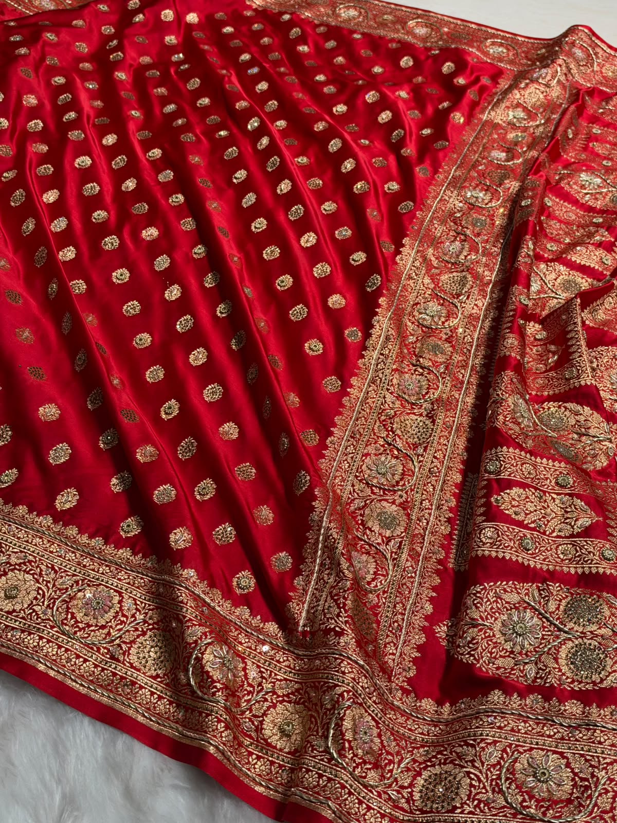 Banarasi Satin Katan Saree With Swarovski & Zardozi Work Boota Pattern in Red Shades BSK160