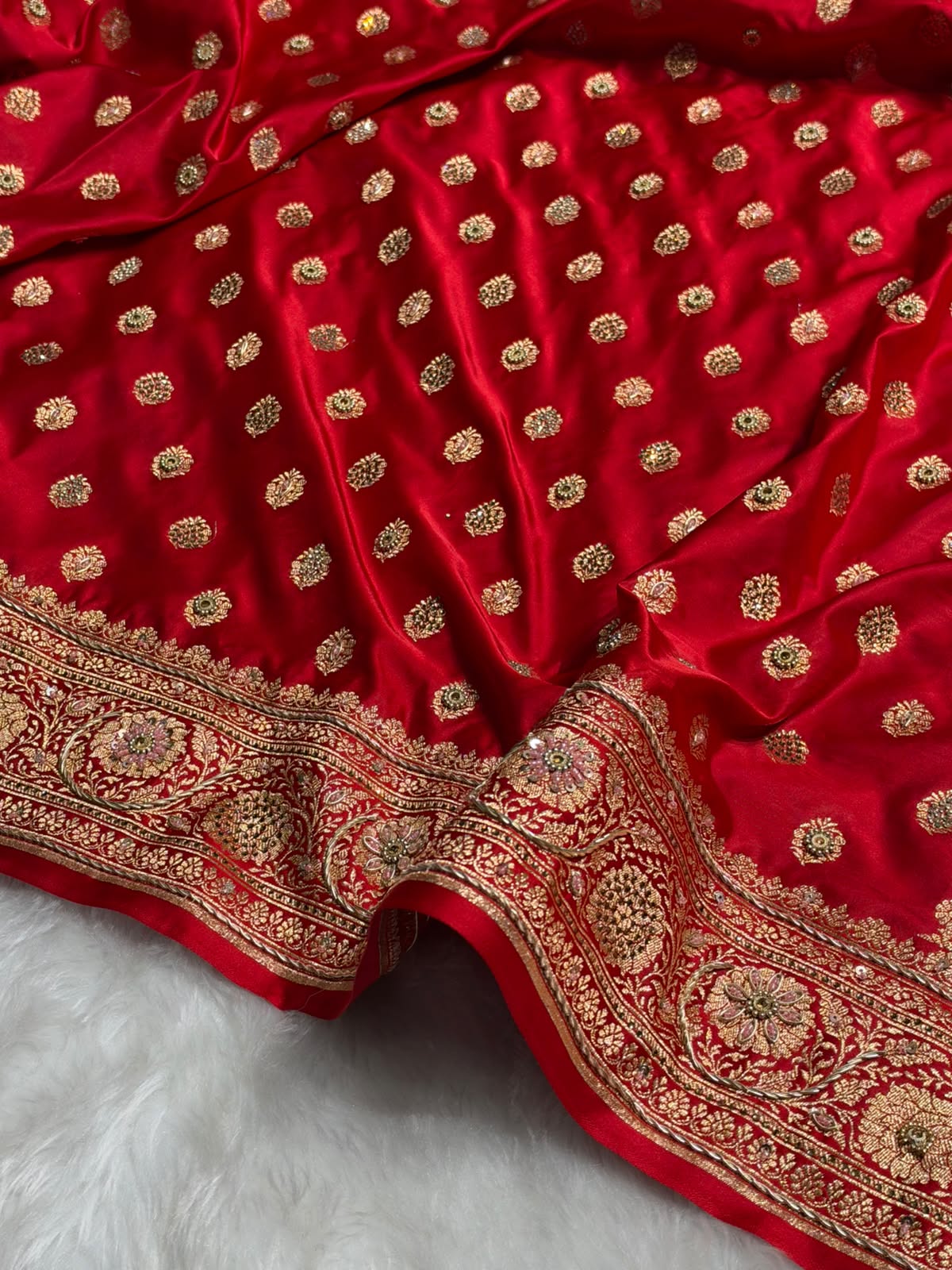 Banarasi Satin Katan Saree With Swarovski & Zardozi Work Boota Pattern in Red Shades BSK160