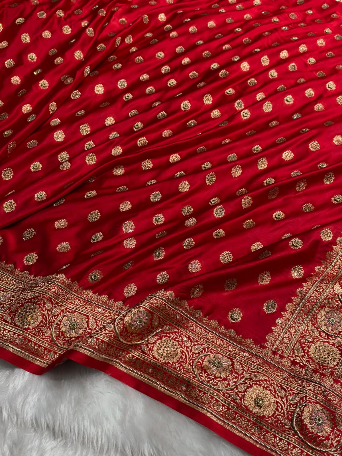 Banarasi Satin Katan Saree With Swarovski & Zardozi Work Boota Pattern in Red Shades BSK160