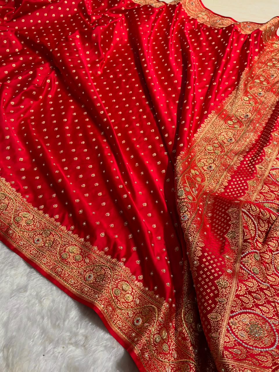 Banarasi Satin Katan Saree With Swarovski & Zardozi Work Boota Pattern in Bridal Red Shades BSK162