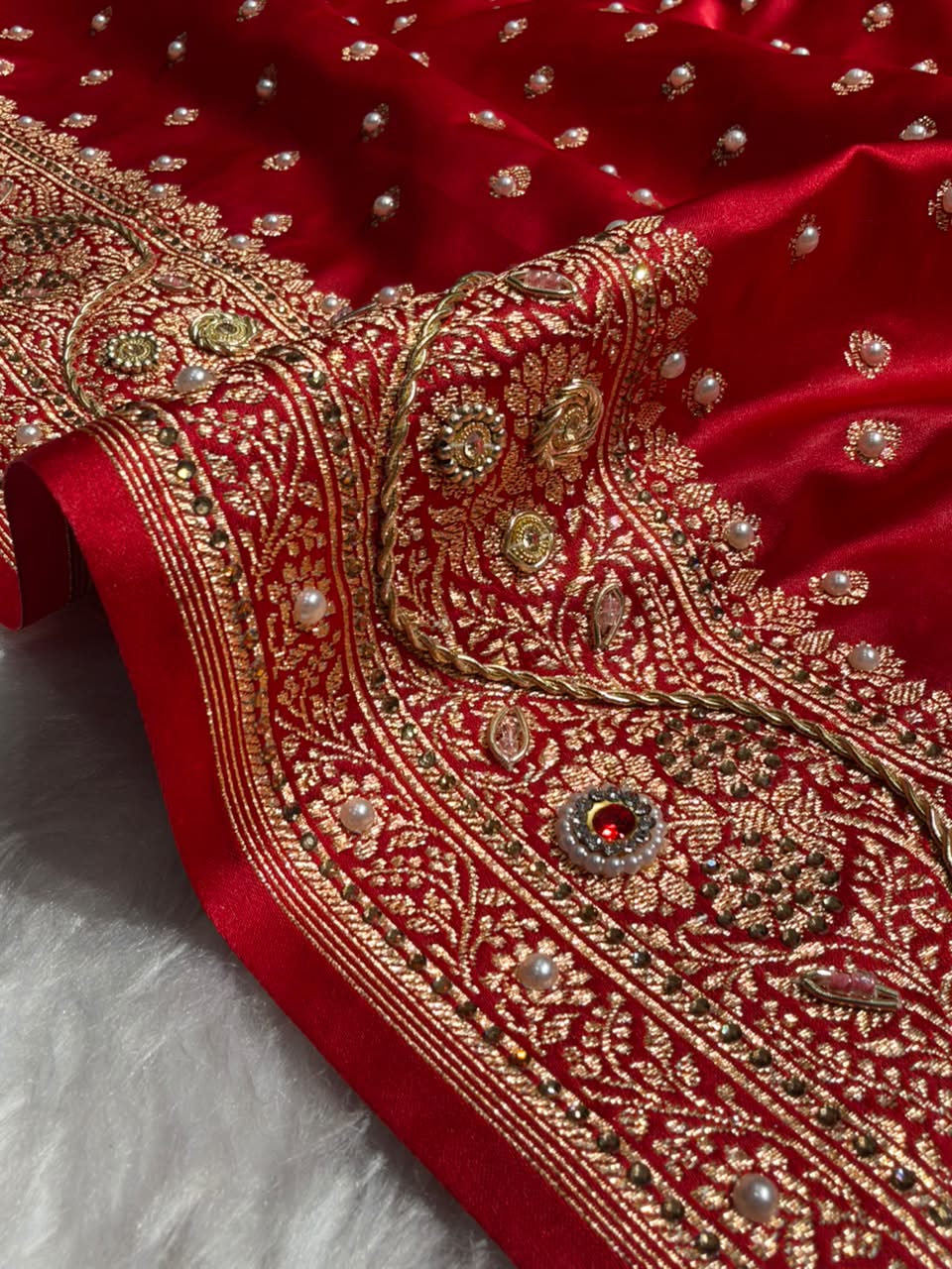 Banarasi Satin Katan Saree With Swarovski & Zardozi Work Boota Pattern in Bridal Red Shades BSK162