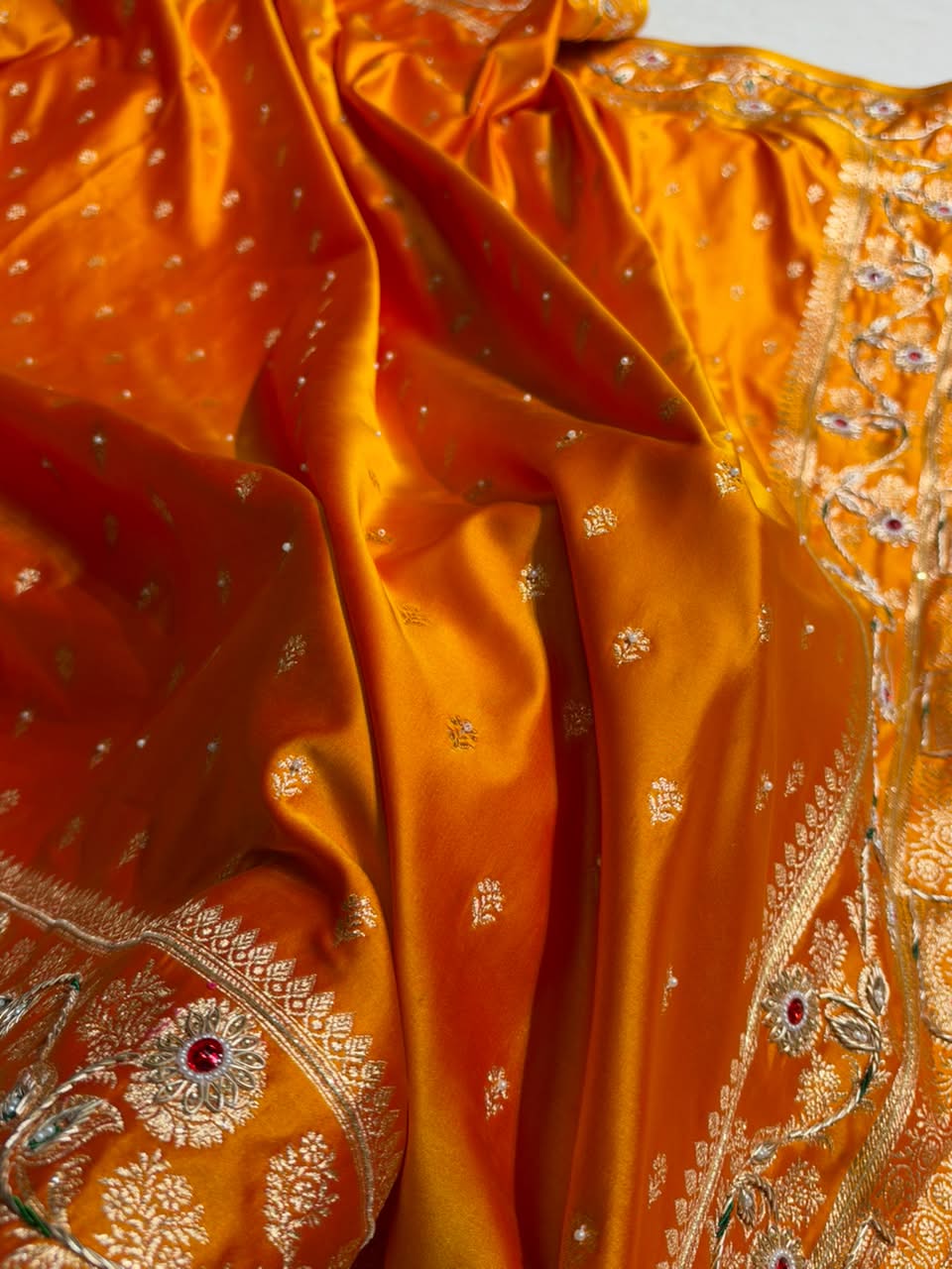 Yellow Floral Pattern With Aari Zardozi Moti Work Satin Katan Silk Saree BSK77