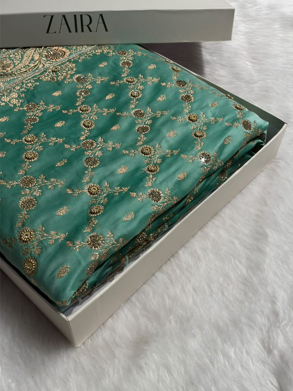 Sea Green Contrast Banarasi Satin Katan Saree With Zardozi or Swarovski Work jaal Pattern in Sea Green Shades BSK133