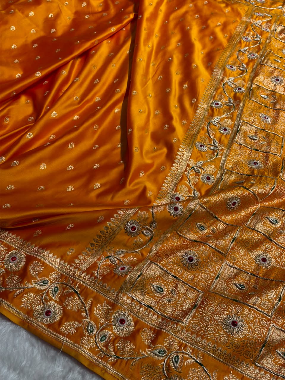 Yellow Floral Pattern With Aari Zardozi Moti Work Satin Katan Silk Saree BSK77
