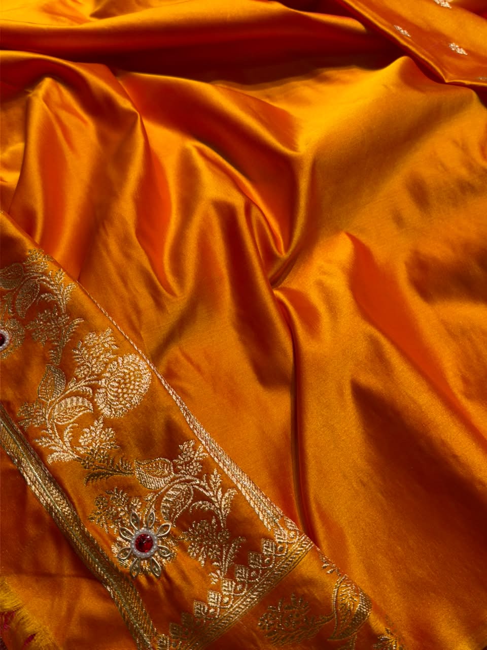 Yellow Floral Pattern With Aari Zardozi Moti Work Satin Katan Silk Saree BSK77