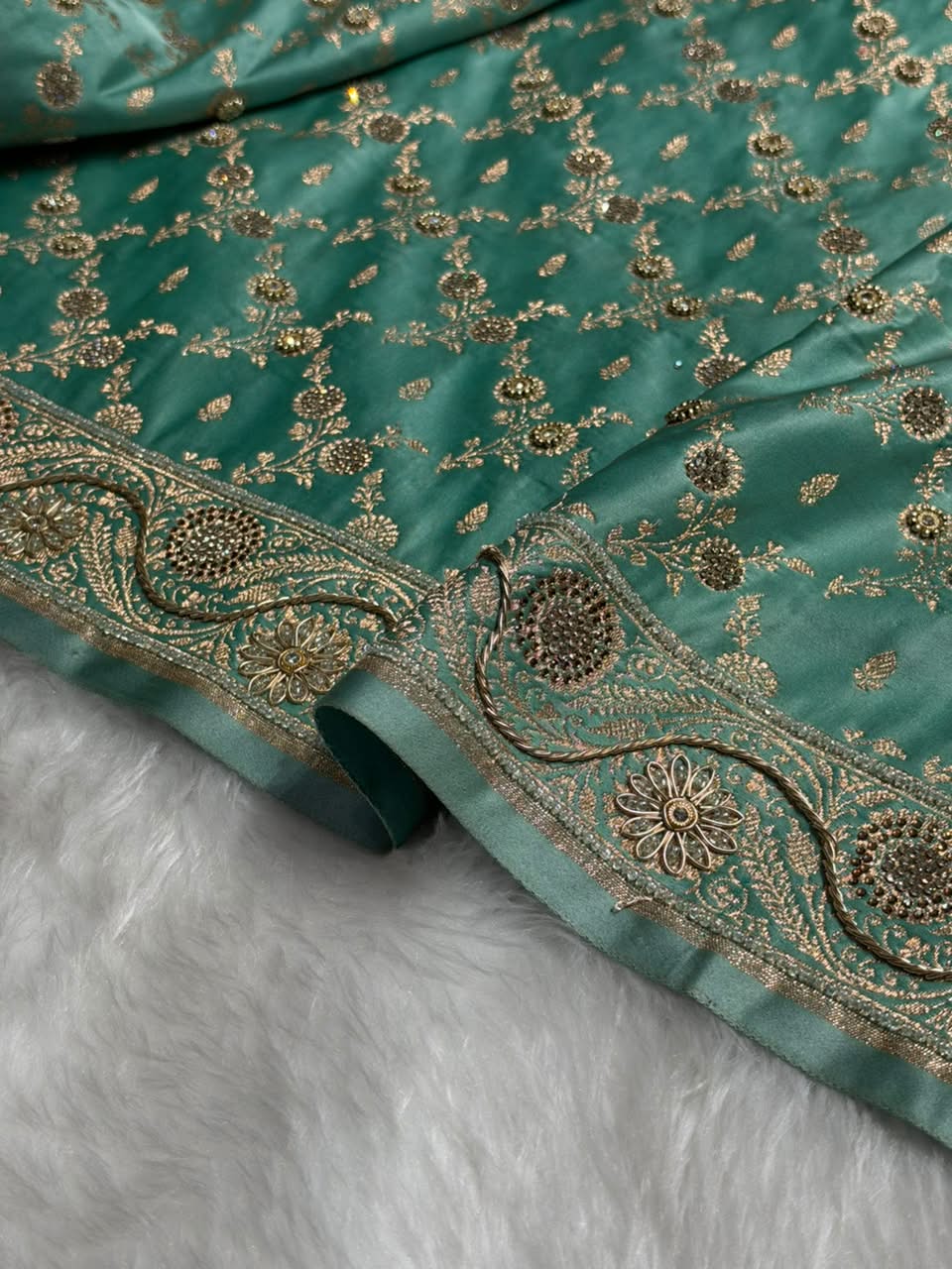 Sea Green Contrast Banarasi Satin Katan Saree With Zardozi or Swarovski Work jaal Pattern in Sea Green Shades BSK133