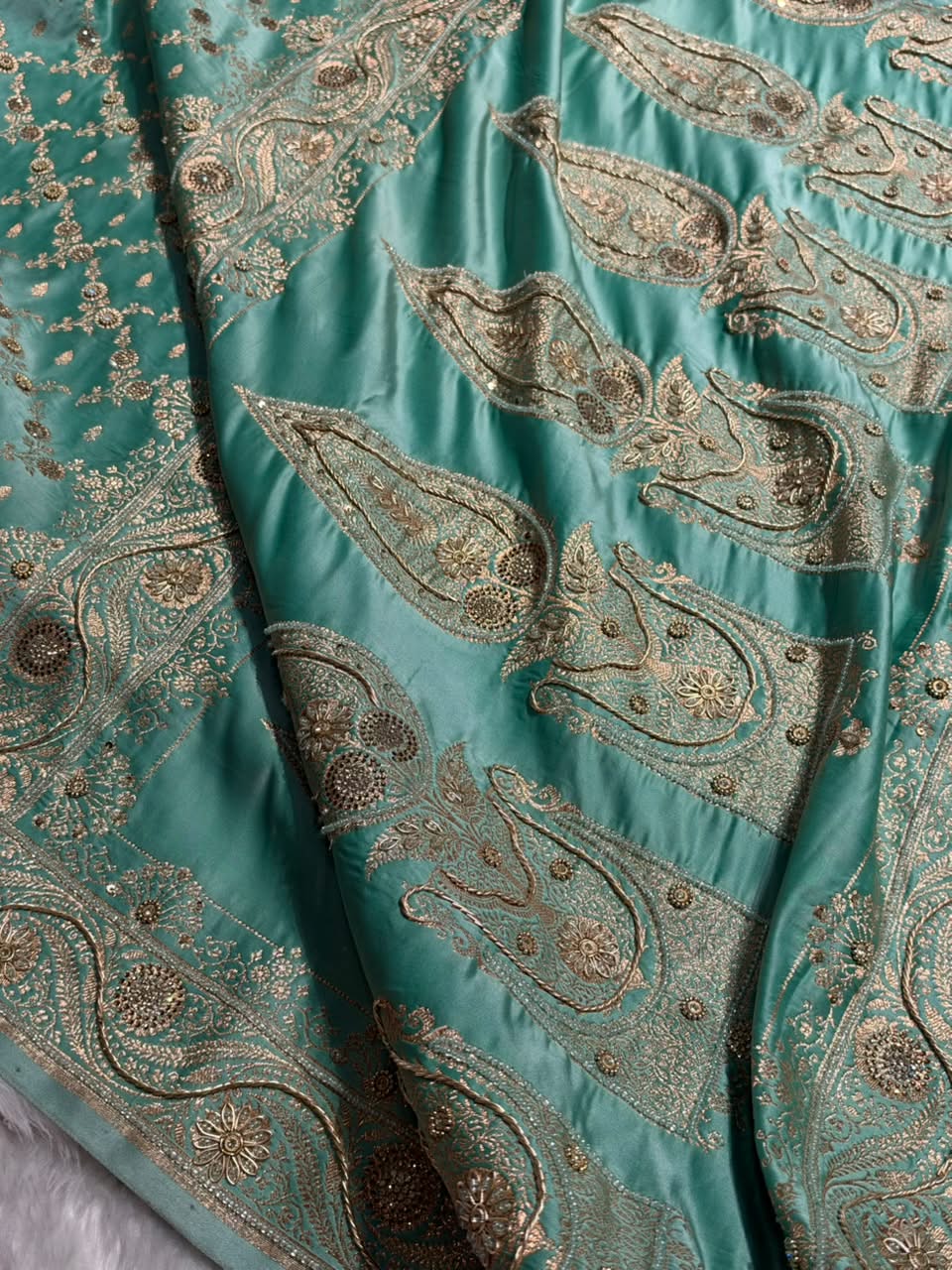 Sea Green Contrast Banarasi Satin Katan Saree With Zardozi or Swarovski Work jaal Pattern in Sea Green Shades BSK133